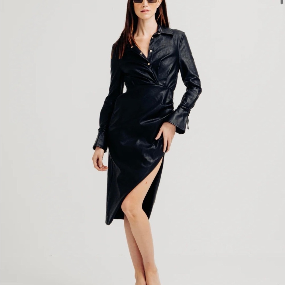 Black Faux Leather Dress with Side Slit